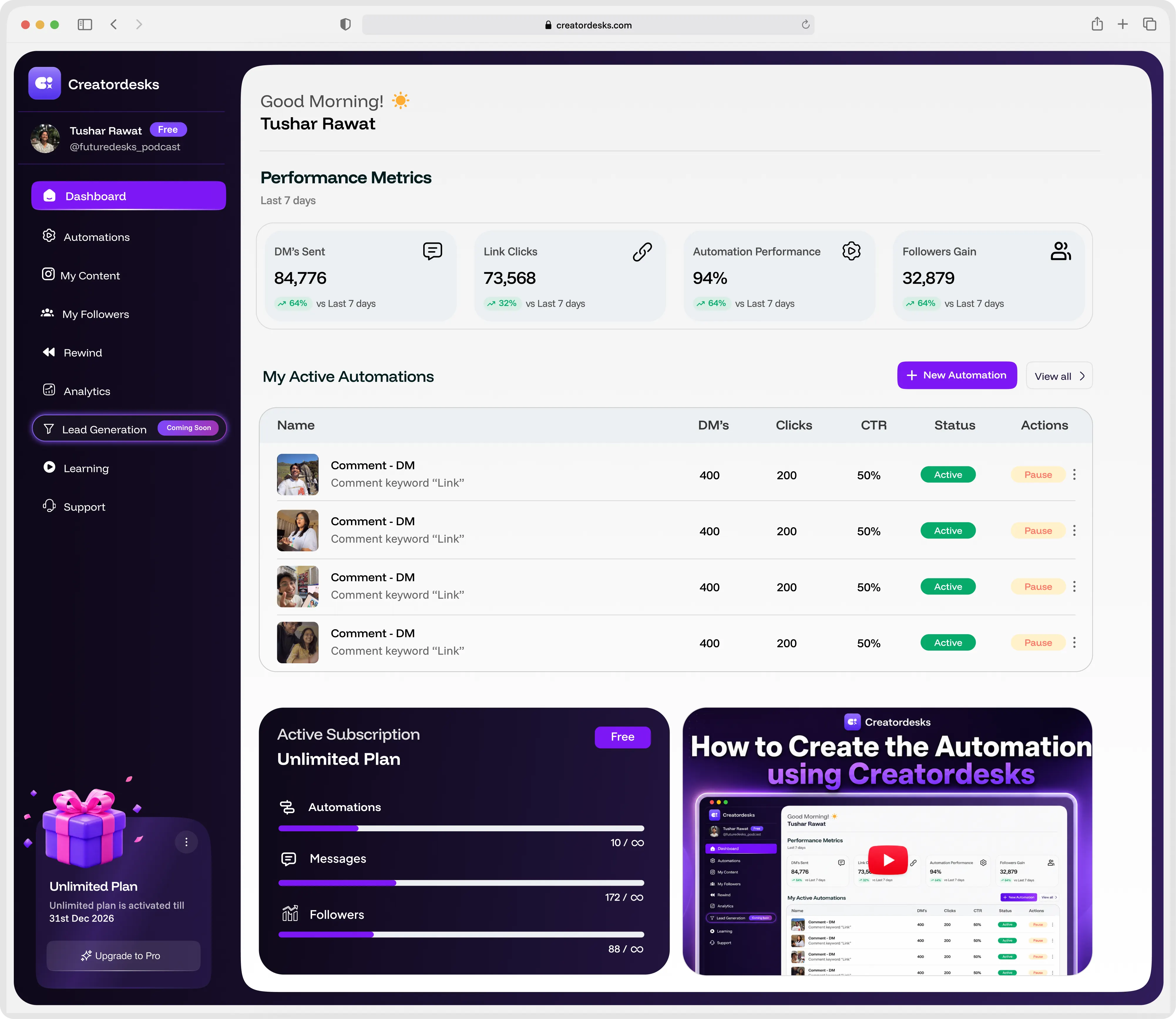 Creatordesks dashboard preview